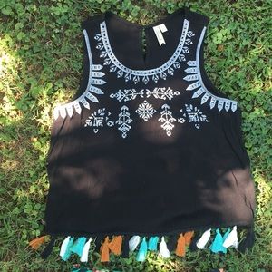 Black Embroidered Tank with Tassels